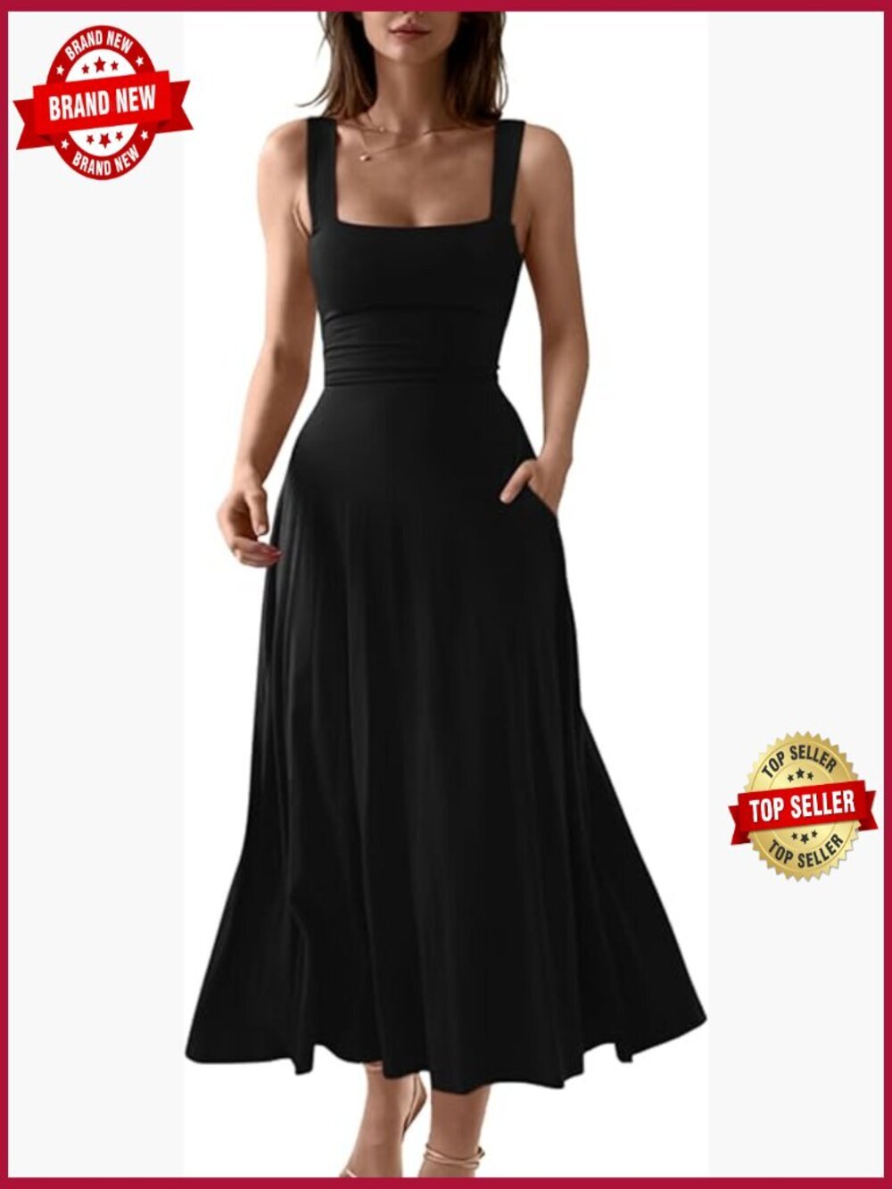 Women's Casual Sleeveless Square Neck A-Line Swing Maxi Dress Pockets